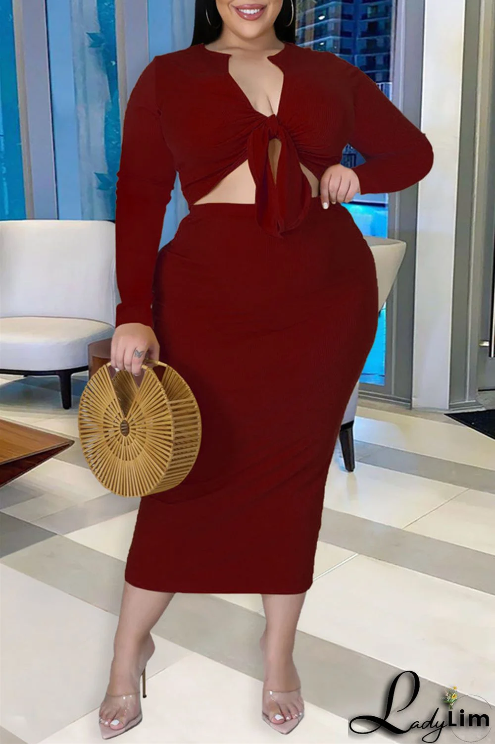 Pink Sexy Casual Solid Bandage V Neck Plus Size Two Pieces