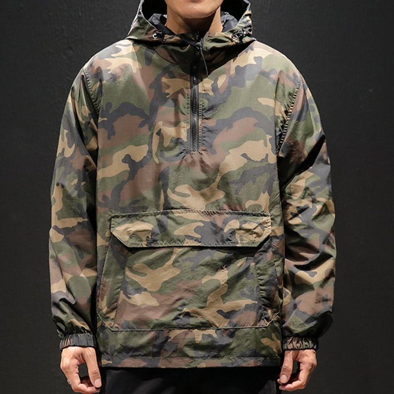 Reversible Black Hoodie Streetwear Army Camo Jacket