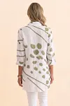 Back view of women's white and olive geometric print tunic showing longline length and relaxed fit