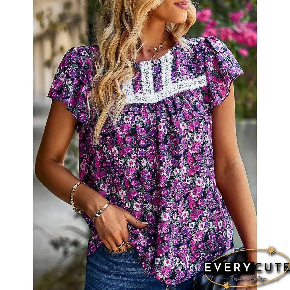 Purple Floral Print Ruffled Short Sleeve Blouse