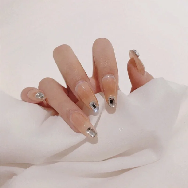 24PCS Fake Nails with Shiny Bow Diamond Design  Long Coffin Head French Style Press on Nails Wearable Full Finished Nail Patches-Nail Inspo