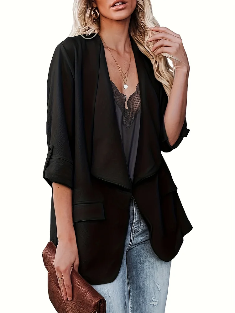 Solid Color Lapel Open Front Blazer, Elegant 3/4 Sleeve Simple Blazer For Office & Work, Women's Clothing