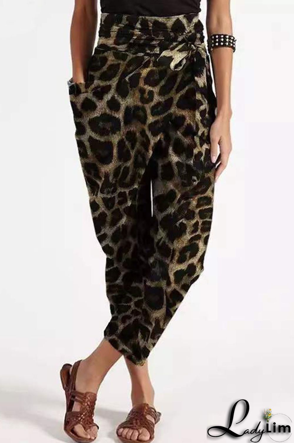 Coffee Casual Street Print Leopard Split Joint Loose High Waist Pencil Full Print Bottoms