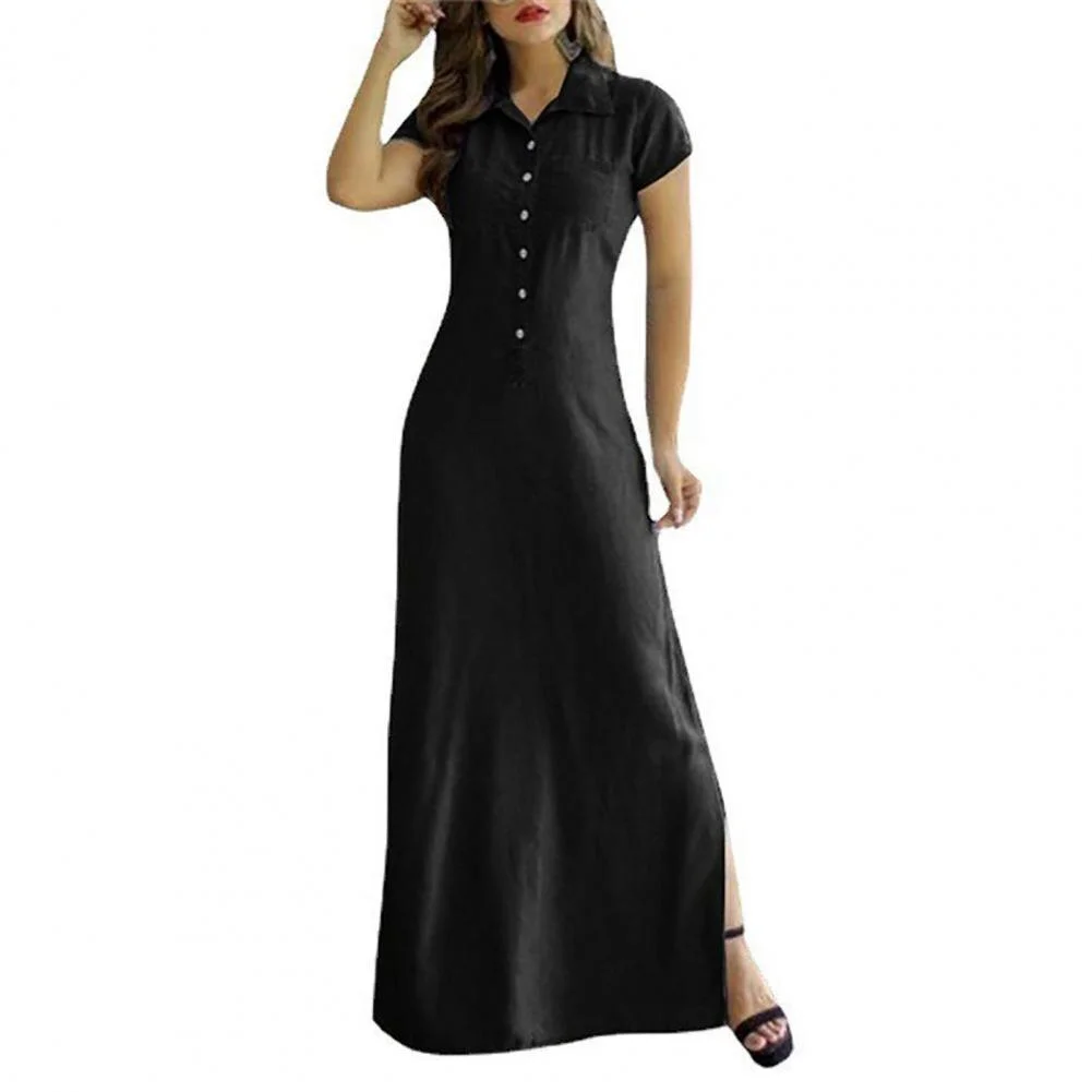 Women Summer Dress Buttons Short Sleeves Full Length Dress-up Side Split Casual Half Single-breasted Maxi Dress Women Clothes