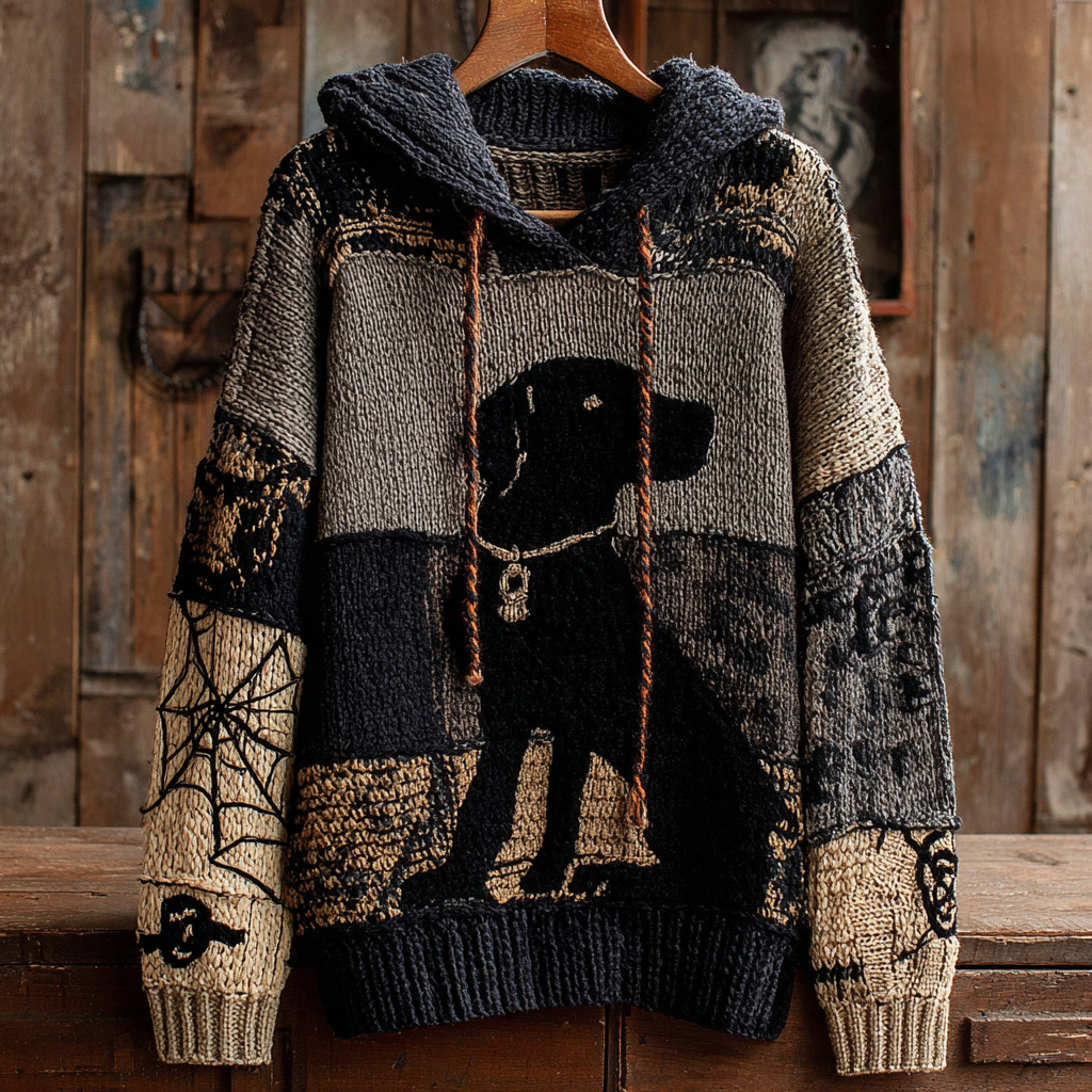 Vintage Dog Spiderweb Patchwork Cozy Knit Hoodie elevenforest