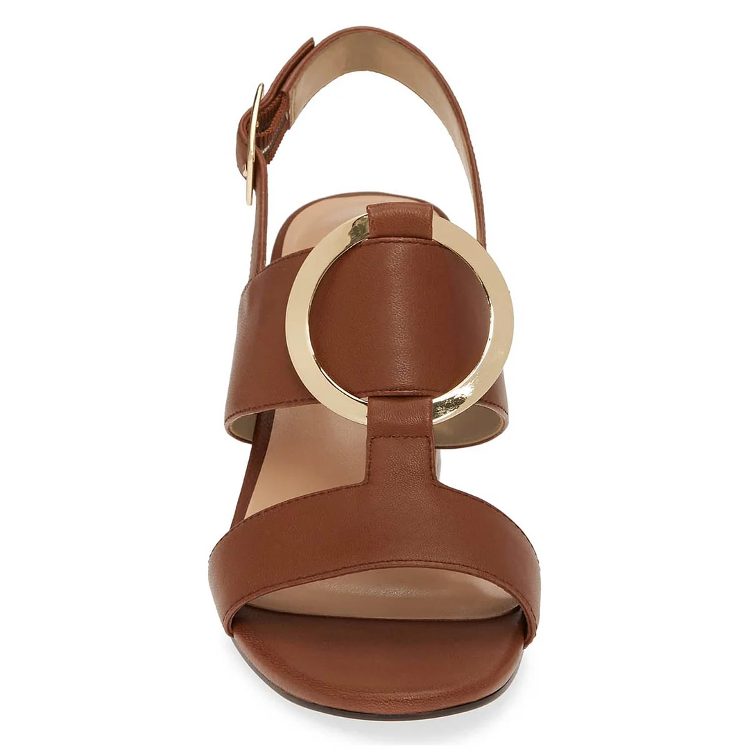 Women's Brown Vegan Leather Open Toe Buckle Block Heel Sandals