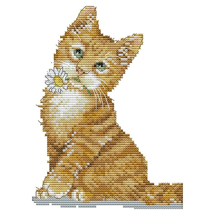 Joy Sunday - Flower Cat - 14CT 2 Strands Threads Printed Cross Stitch Kit - 17x21cm(Canvas)