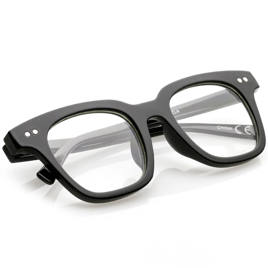 Modern Metal Rivets Square Clear Flat Lens Horn Rimmed Eyeglasses 46mm