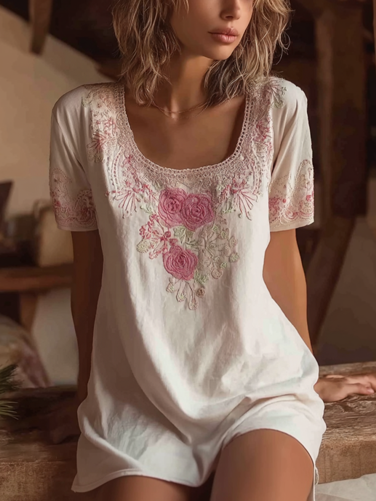 Lace Rose Embroidery Design Round-neck Short-sleeve Dress elevenforest