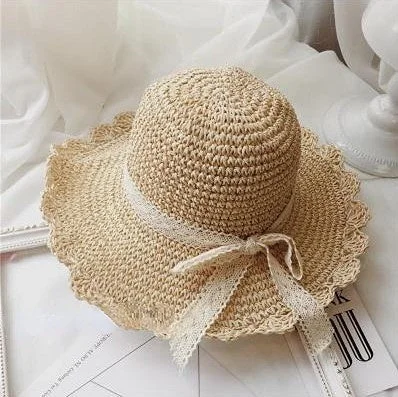 Women's Straw Hat Big Brim Foldable Lace Bowknot Sun Protection Beach Hat