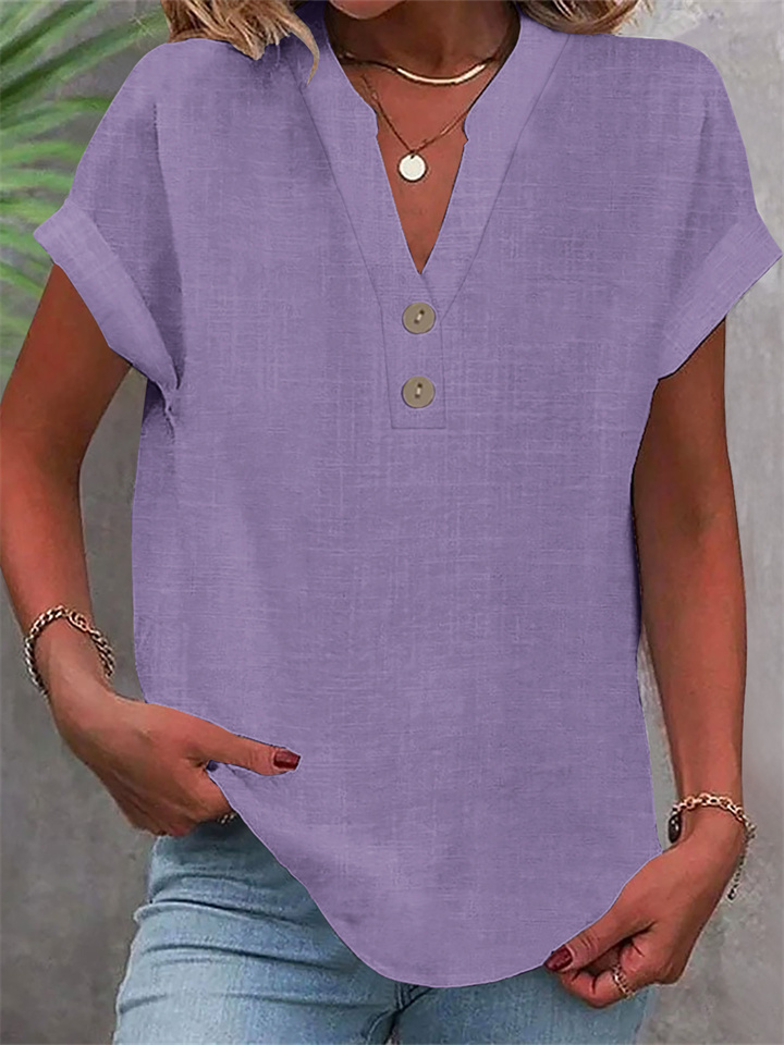 Summer Solid-Color Stand-Up Collar Button-Down Short-Sleeve Women's Shirt-JRSEE