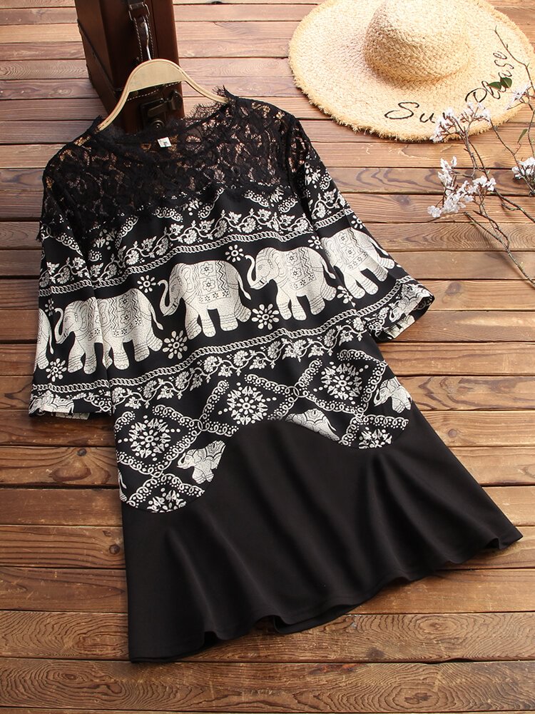 Lace Patchwork Ethnic Print 3/4 Sleeve Vintage Blouse For Women P1588077