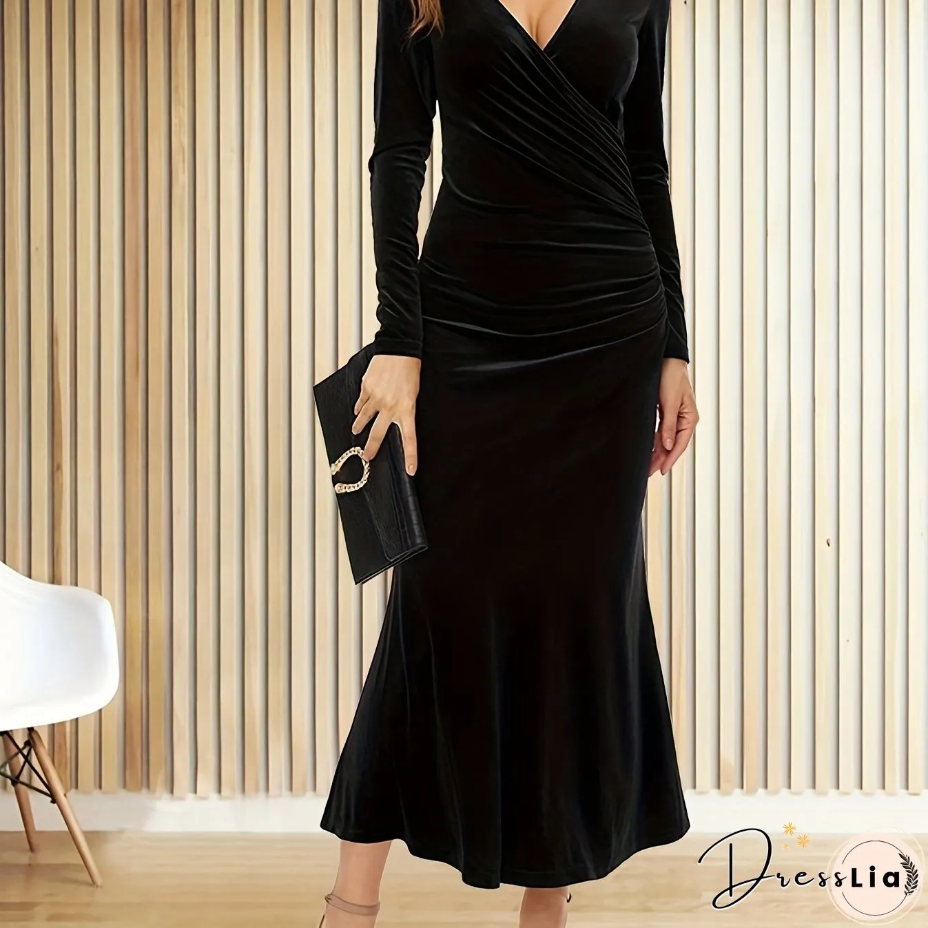 Solid Bodycon Midi Dress, Elegant V Neck Long Sleeve Dress, Women's Clothing