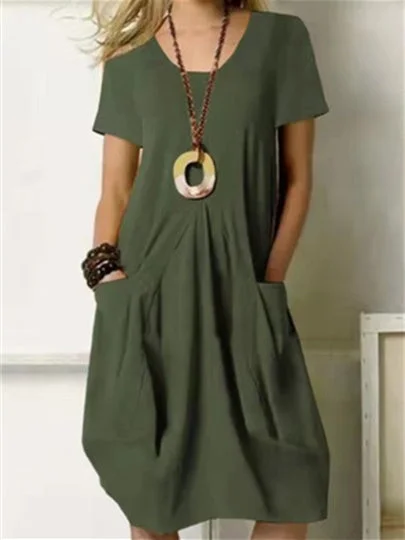 Women's Scoop Neck Short Sleeve Solid Color Loose Casual Pocket Dress