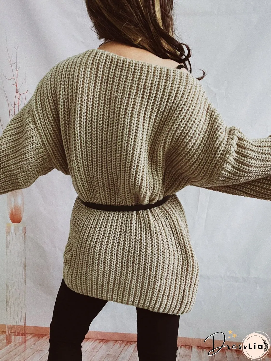 Boat Neck Long Sleeve Sweater with Belt