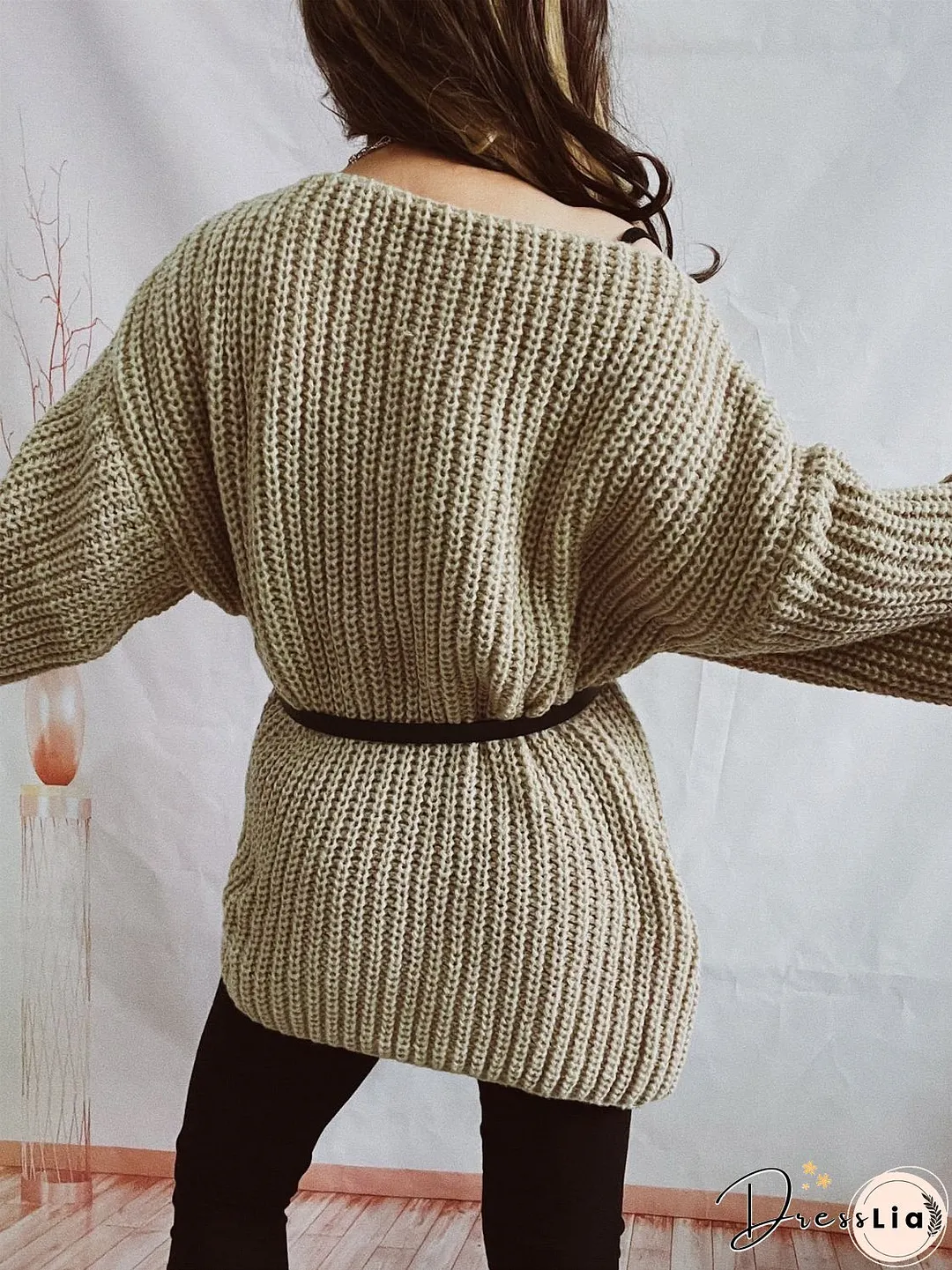 Boat Neck Long Sleeve Sweater with Belt