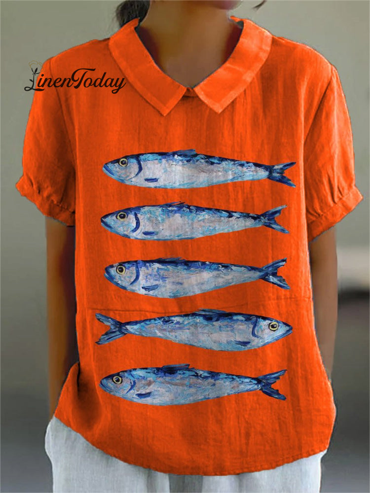 Women’s Vintage Lovely Fish Art Print Casual Cotton And Linen Shirt Orange / S