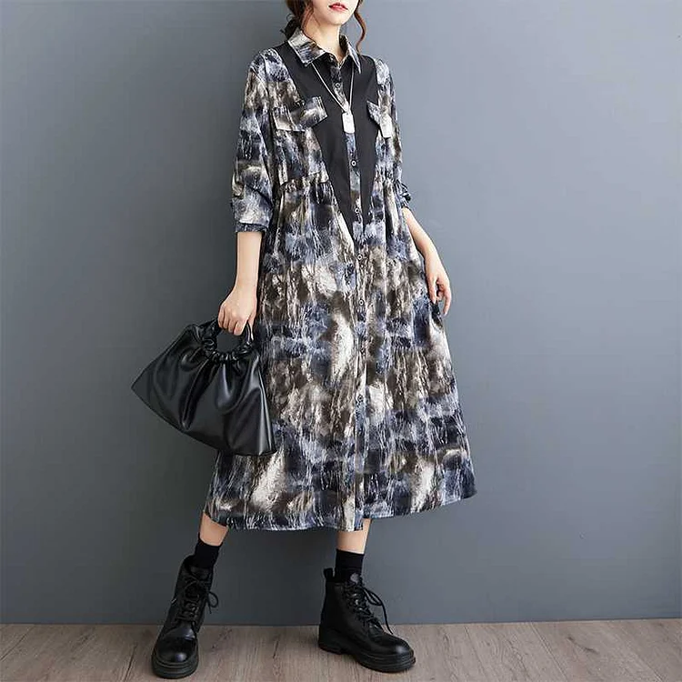 Casual Chiffon Printed Spliced Drawstring Shirt Dress