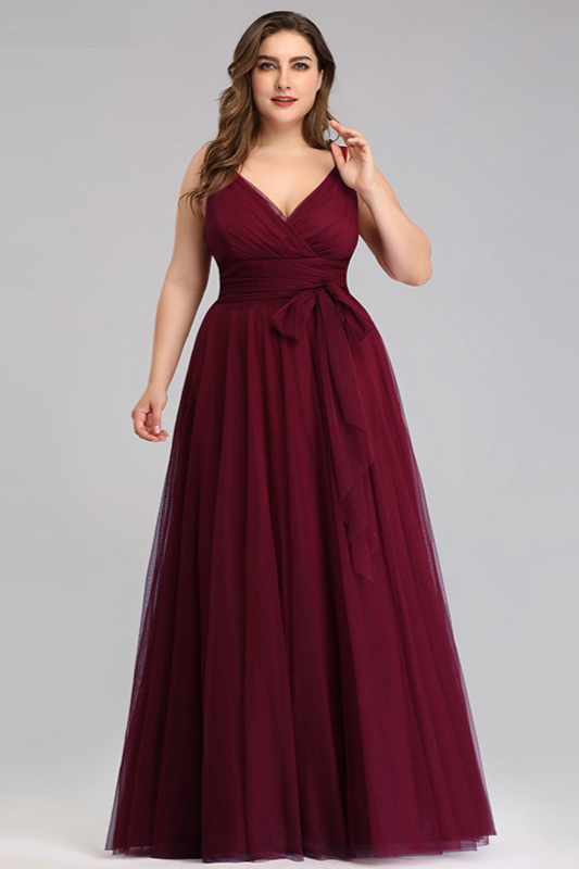 burgundy v-neck sleeveless long tulle plus size prom dress