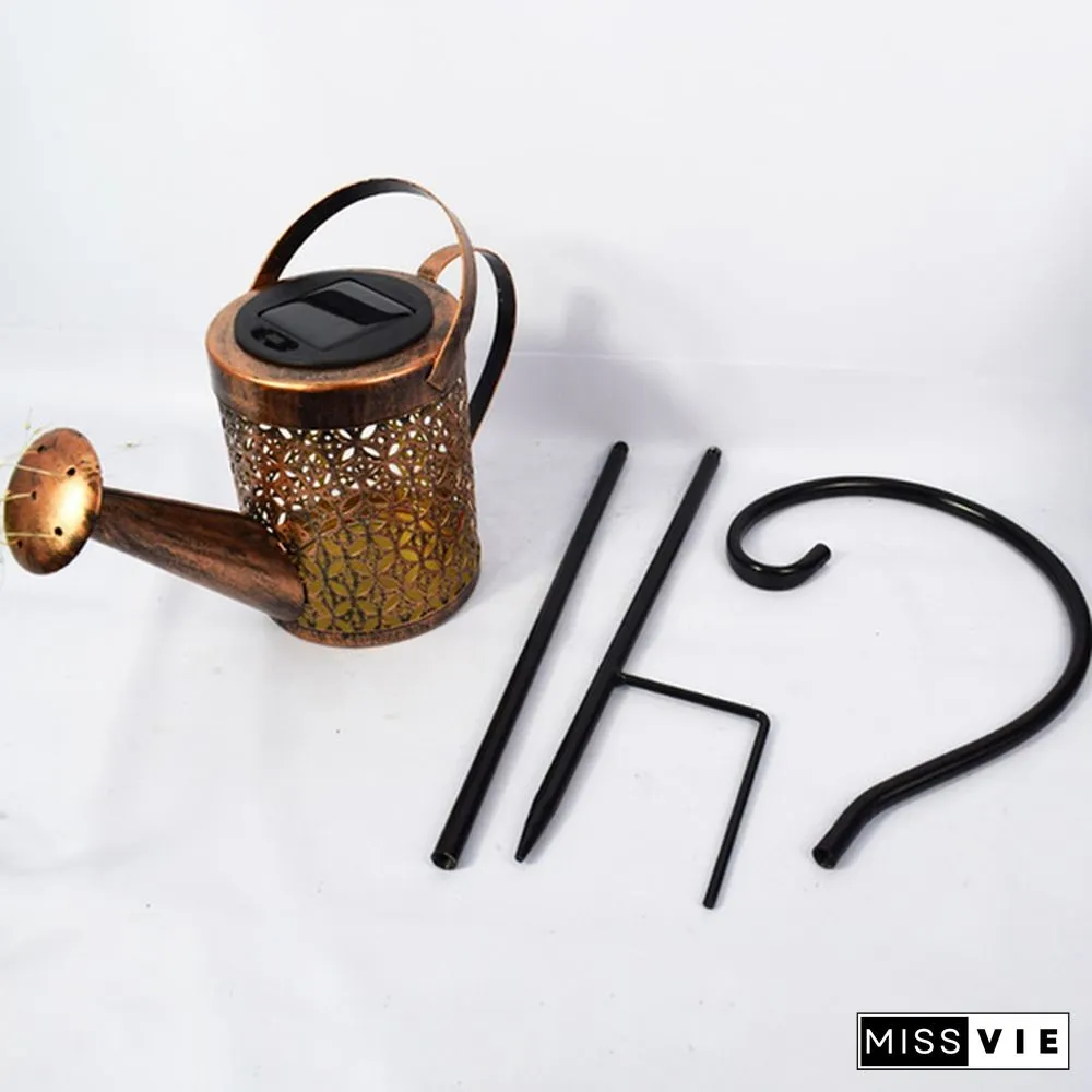 Retro Solar Watering Can Sprinkles LED Light Fairy Metal Wrought Iron Hollow Out Lamp