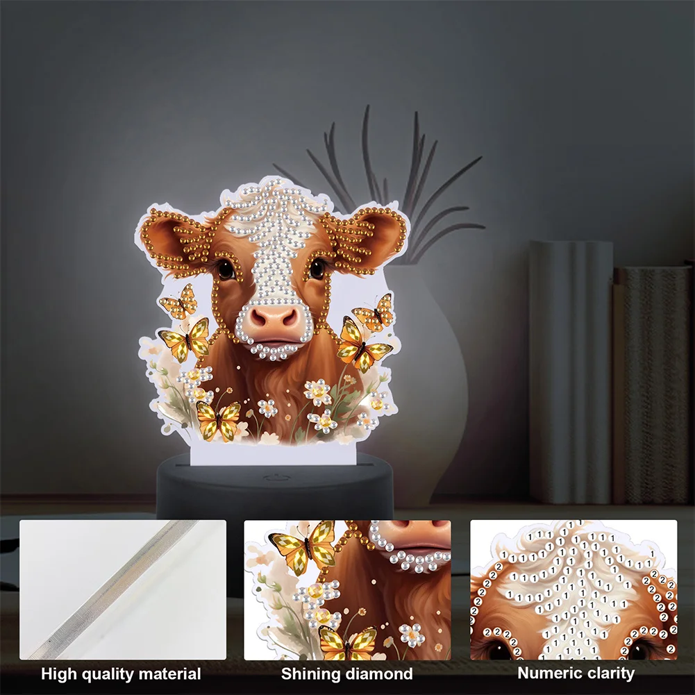 5D DIY Acrylic Cow Double Sided Diamond Painting LED Night Light for Adults