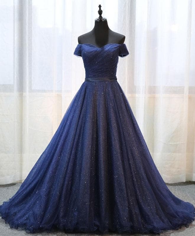 Dark Blue Shining Tulle Long Prom Dress