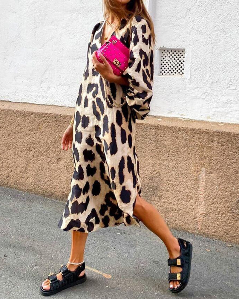 Leopard Print Lantern Sleeve V Neck Loose Midi Dress