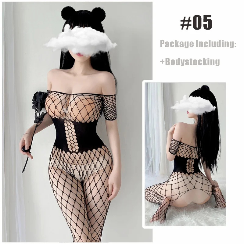 OJBK Women Lingerie Open Crotch Body Stocking Halter Porn Bodysuits Female Elasticity Mesh Hollow Pantyhose Cosplay Costumes New