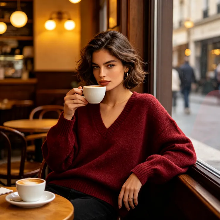 Burgundy V-Neck Relaxed Sweater