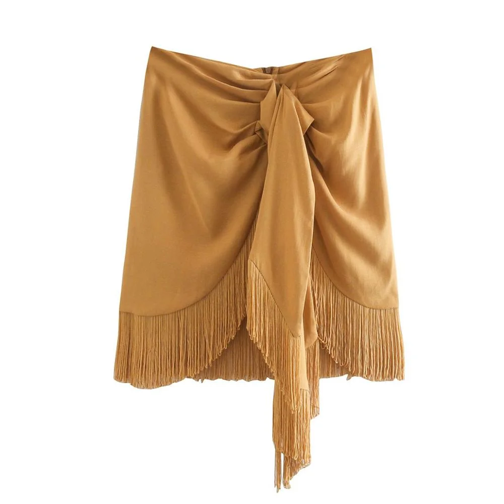 2021 New Women Skirt Fringed High-waisted Mini Skirt Gathered detail Tassel Hem Back zip closure Casual Chic female skirts