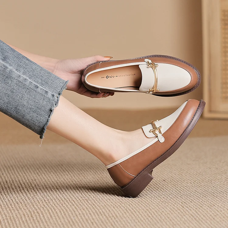 Retro Soft And Comfortable Shoes Thick Heel Metal Buckle Loafers Leather Shoes Radinnoo.com