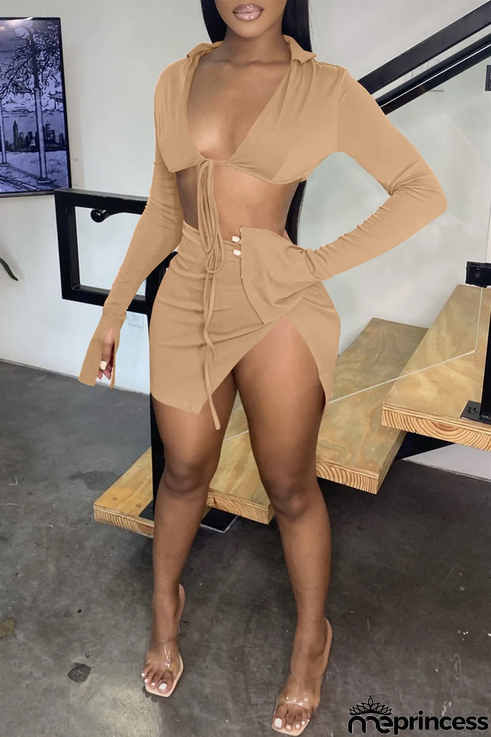 Black Sexy Casual Solid Bandage Slit V Neck Long Sleeve Two Pieces