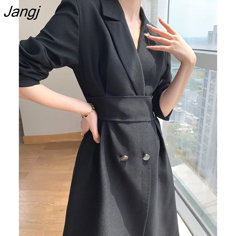 Jangj Women's Spring Autumn Casual Fashion Korean Midi Black Dress Long Sleeve Elegant A-Line Party Vestidos Female Outwear Clothes