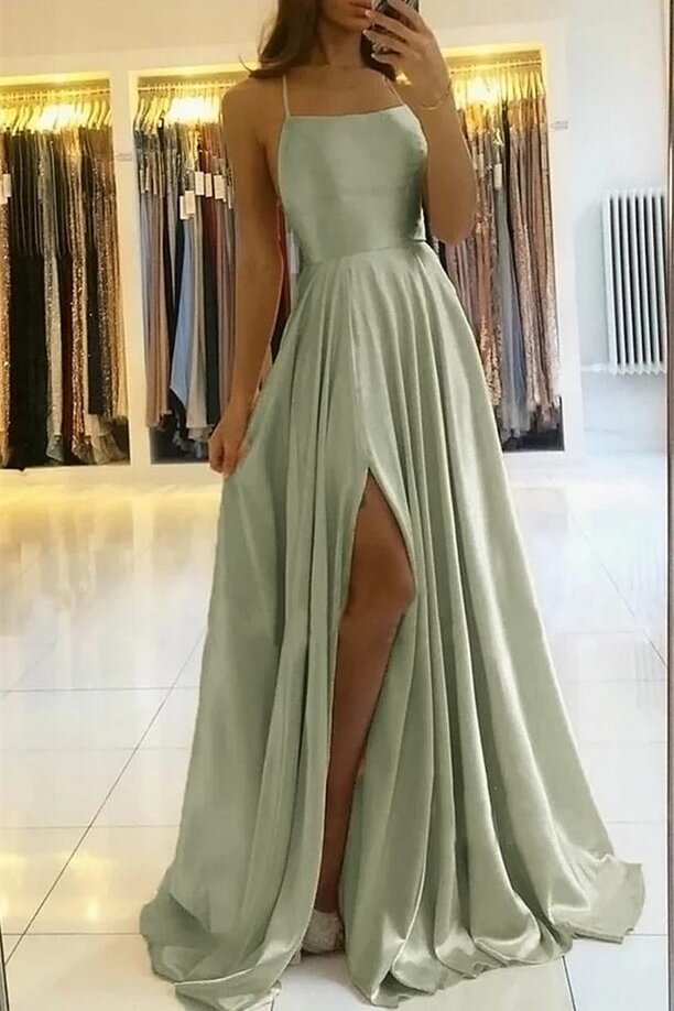 Spaghetti-Straps Long Prom Dress With Slit PD0438
