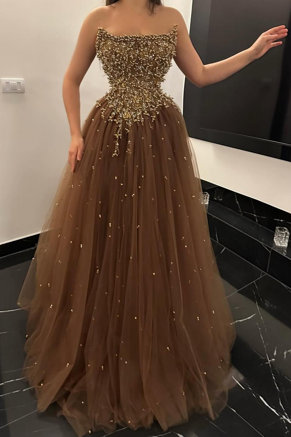Tulle Strapless Sleeveless Long A-Line Prom Dress With Beading And Pleated | YQ0086 Wellcucu