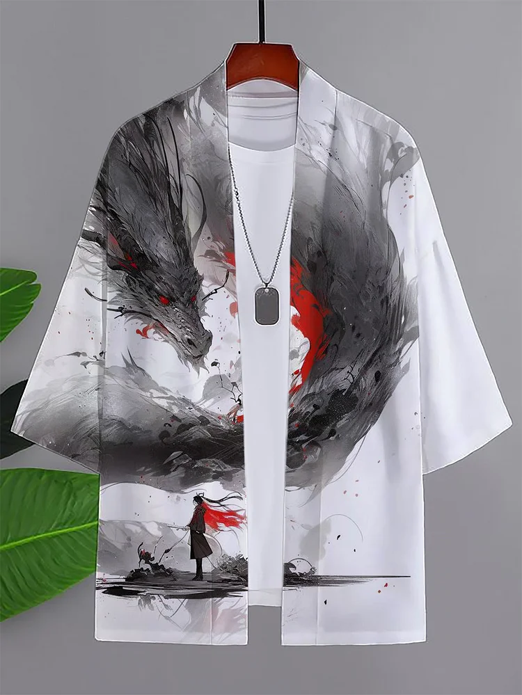 Men's Japanese Dragon Ink Painting Art Print Casual Kimono Cardigan
