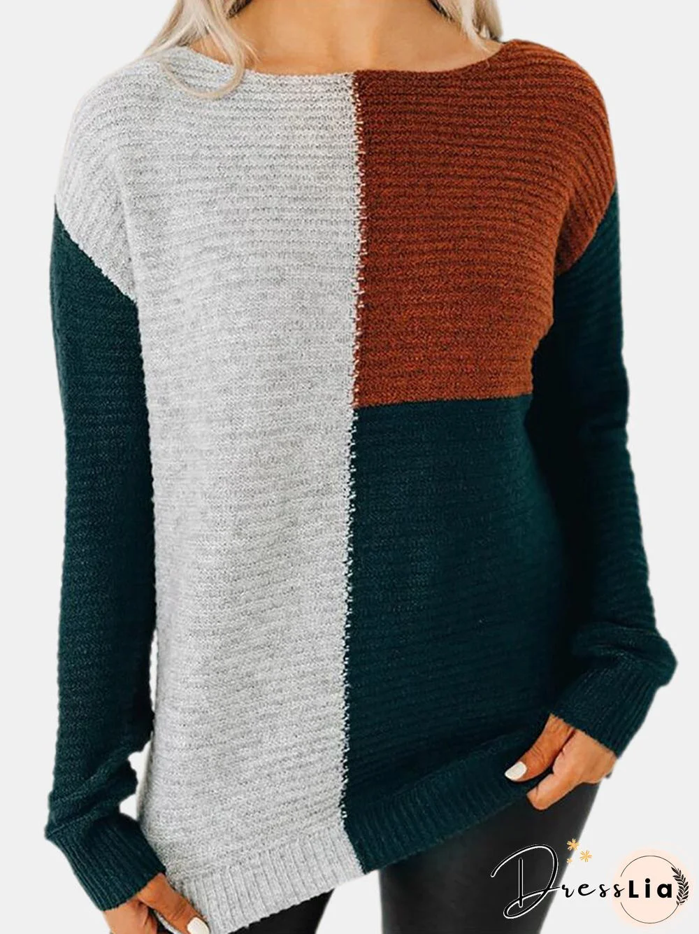 Contrast Color Patchwork O-neck Casual Sweater For Women