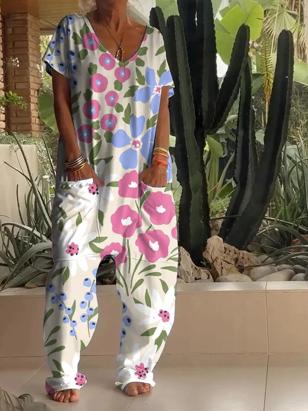 Casual Floral Print V-neck Jumpsuit