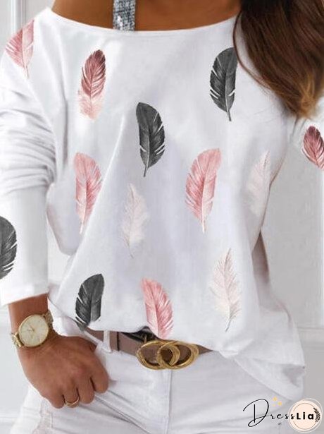 Women's T-Shirts Feather Print Long Sleeve Off-Shoulder T-Shirt