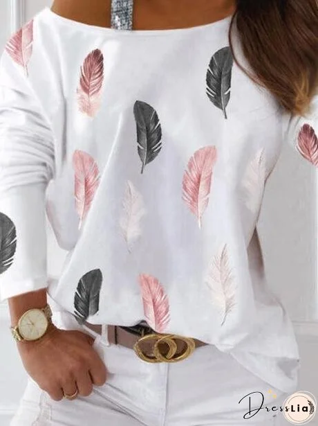 Women's T-Shirts Feather Print Long Sleeve Off-Shoulder T-Shirt