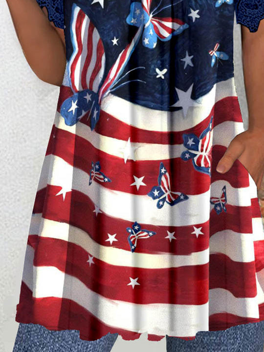 Women's Short Sleeve V-neck Graphic Lace Pockets Tops