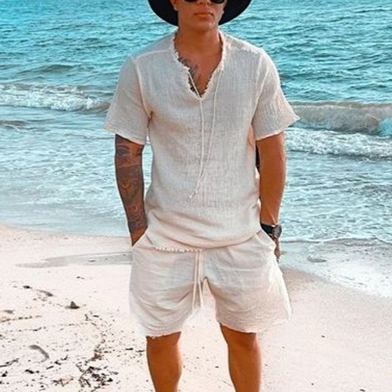 Mens Cotton And Linen Beach Casual T-Shirt