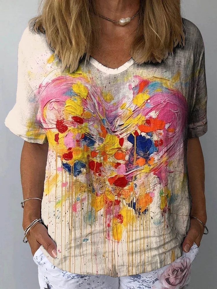 Women's Vintage Valentine's Day Love Art Print Casual Cotton And Linen Shirt