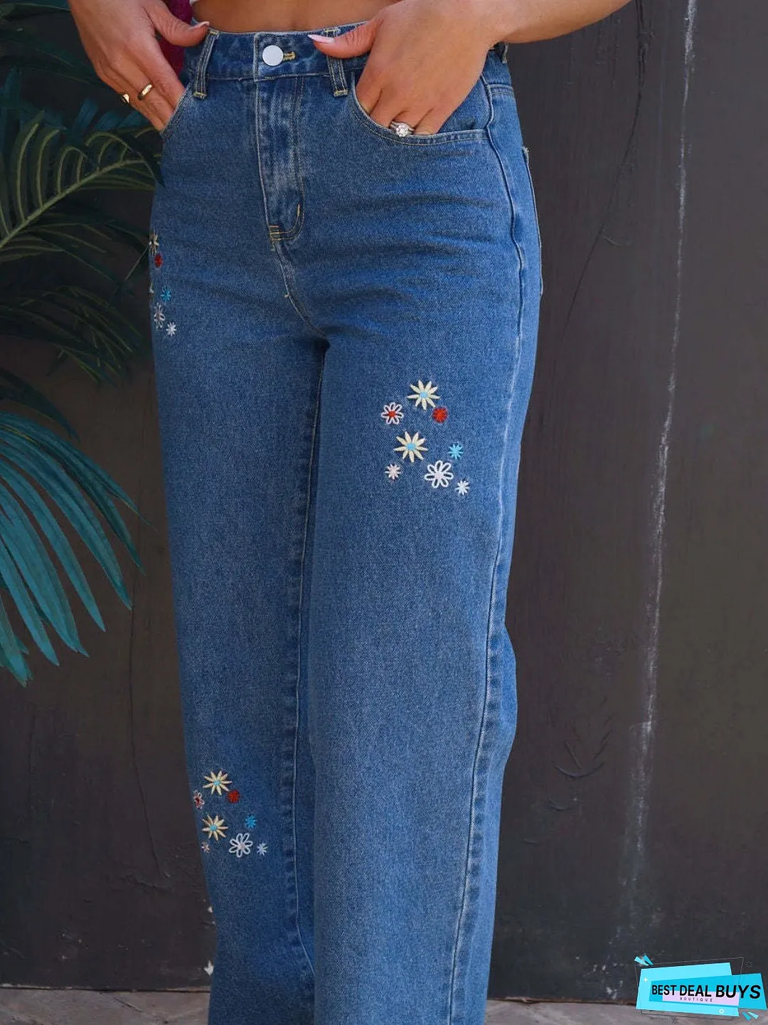 Embroidered Straight Jeans with Pockets