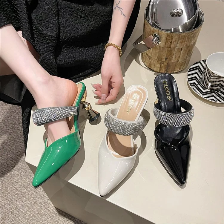Churchf Churchf Large Size High Heels Women's New Half Slippers Pointed Heel Shoes Fashion Women Shoes Rhinestone Sandals