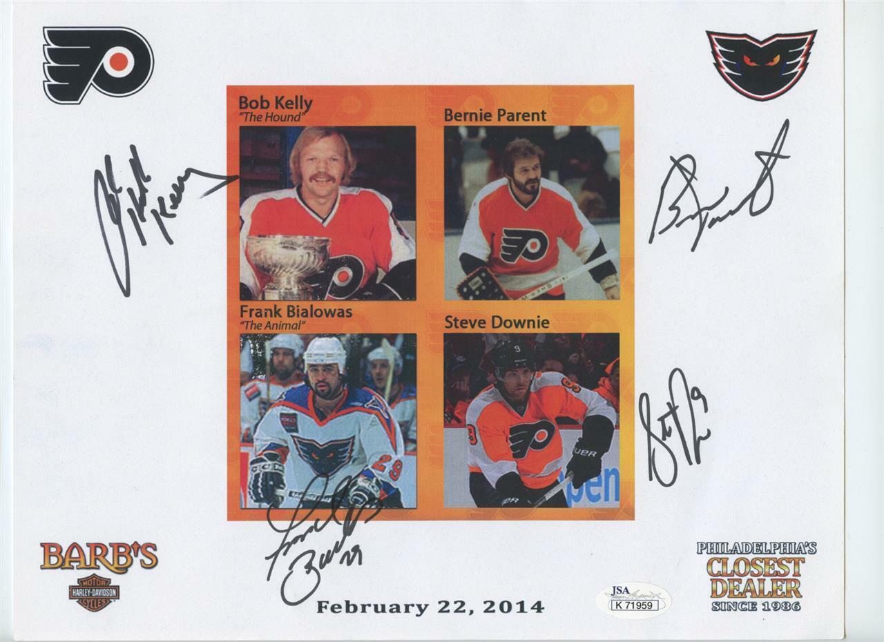 Flyers Hockey Signed Autographed 8x10 Bernie Parent Bob Kelly Bialowas JSA COA