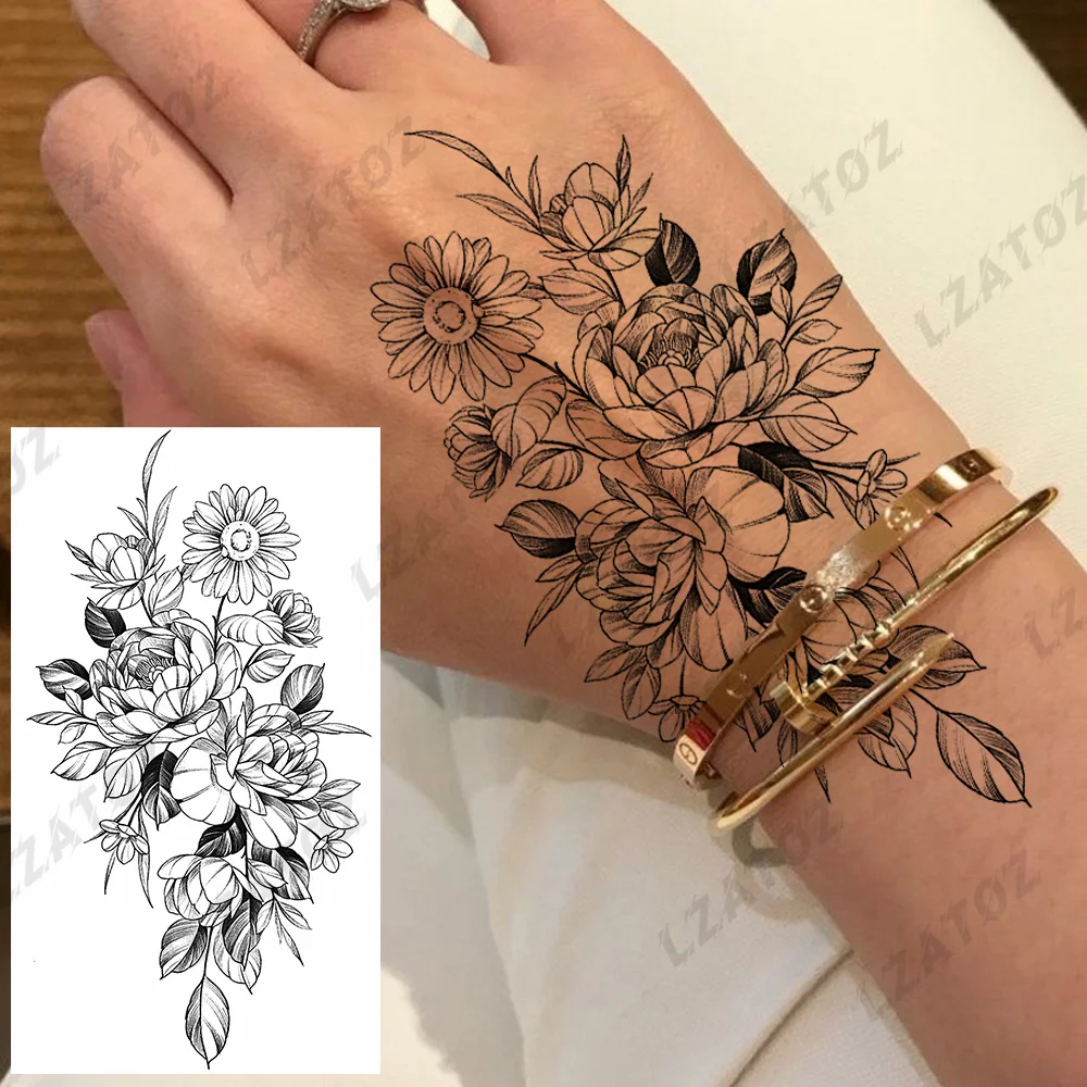 Sdrawing Rose Flower Temporary Tattoos For Woman Adults Realistic Compass Cross Fake Tatoos Sexy Waterproof Hand Tattoo Sticker