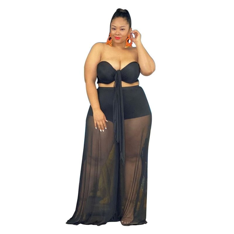 4xl Plus Size Two Piece Set Women Wholesale Summer Clothes Sexy Bra Top Maxi Skirt Solid Beatch Mesh Club Outfits Dropshipping