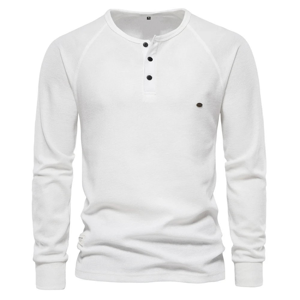 Men Henley Collar Shirt Long-sleeved Solid Color T-shirt  Men's Pullover Henley Collar Shirt