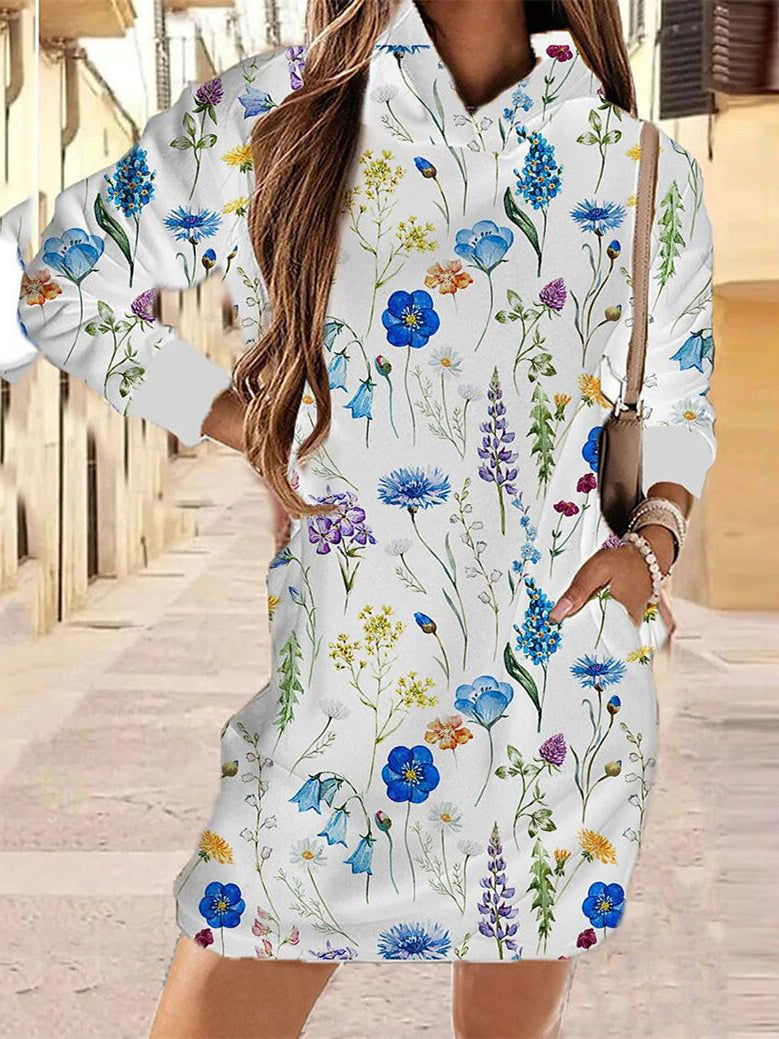 Women Dress Long Sleeve Hooded Floral Printed Mini Dres